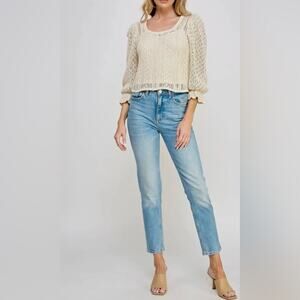 ELLISON 100% Cotton Open Knit Crochet Puff Sleeve Sweater | M | Cottagecore